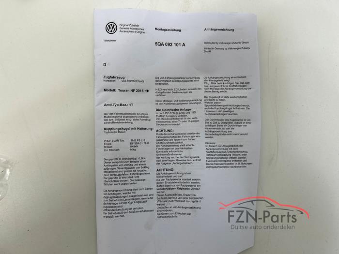 VW Touran 5TA Vaste trekhaak inbouwset inclusief module