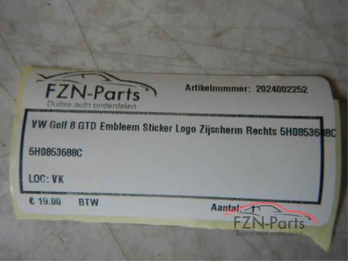 VW Golf 8 GTD Embleem Sticker Logo Zijscherm Rechts